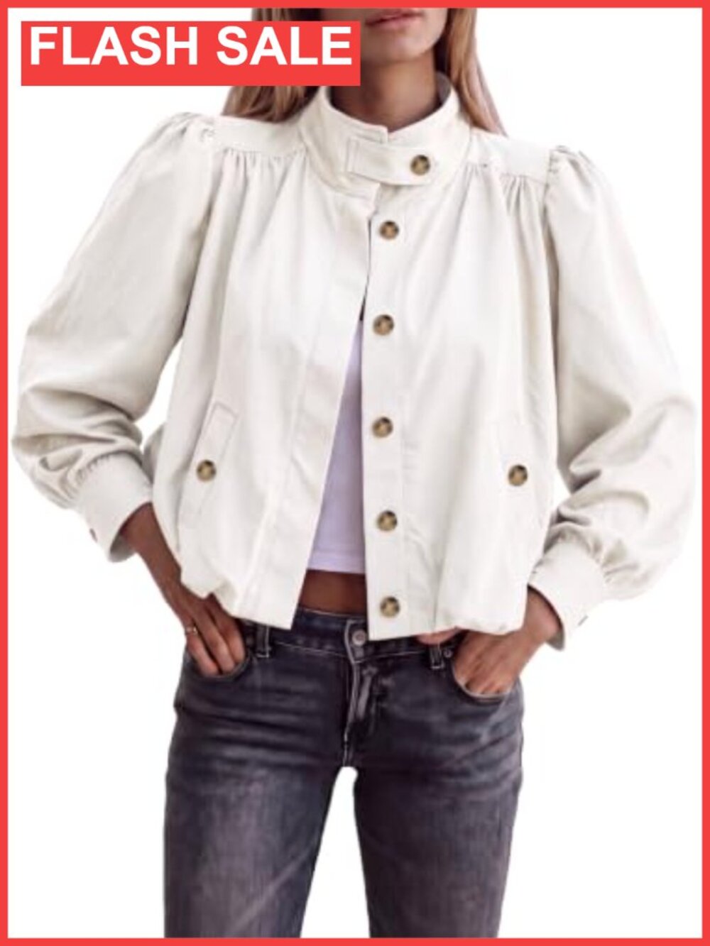 Lightweight Cropped Bomber Jacket Puff Sleeve Casual Coat